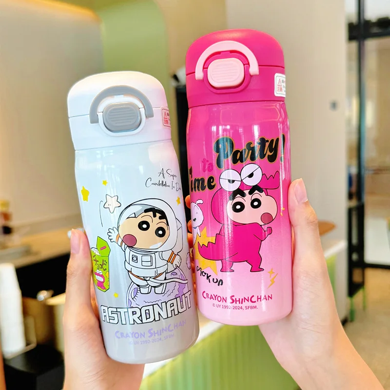 

Детская теплая чашка с карандашом Шин Чан из нержавеющей стали 316, милая двойная чашка для питья с героями мультфильмов, студенческая портативная соломенная чашка для воды