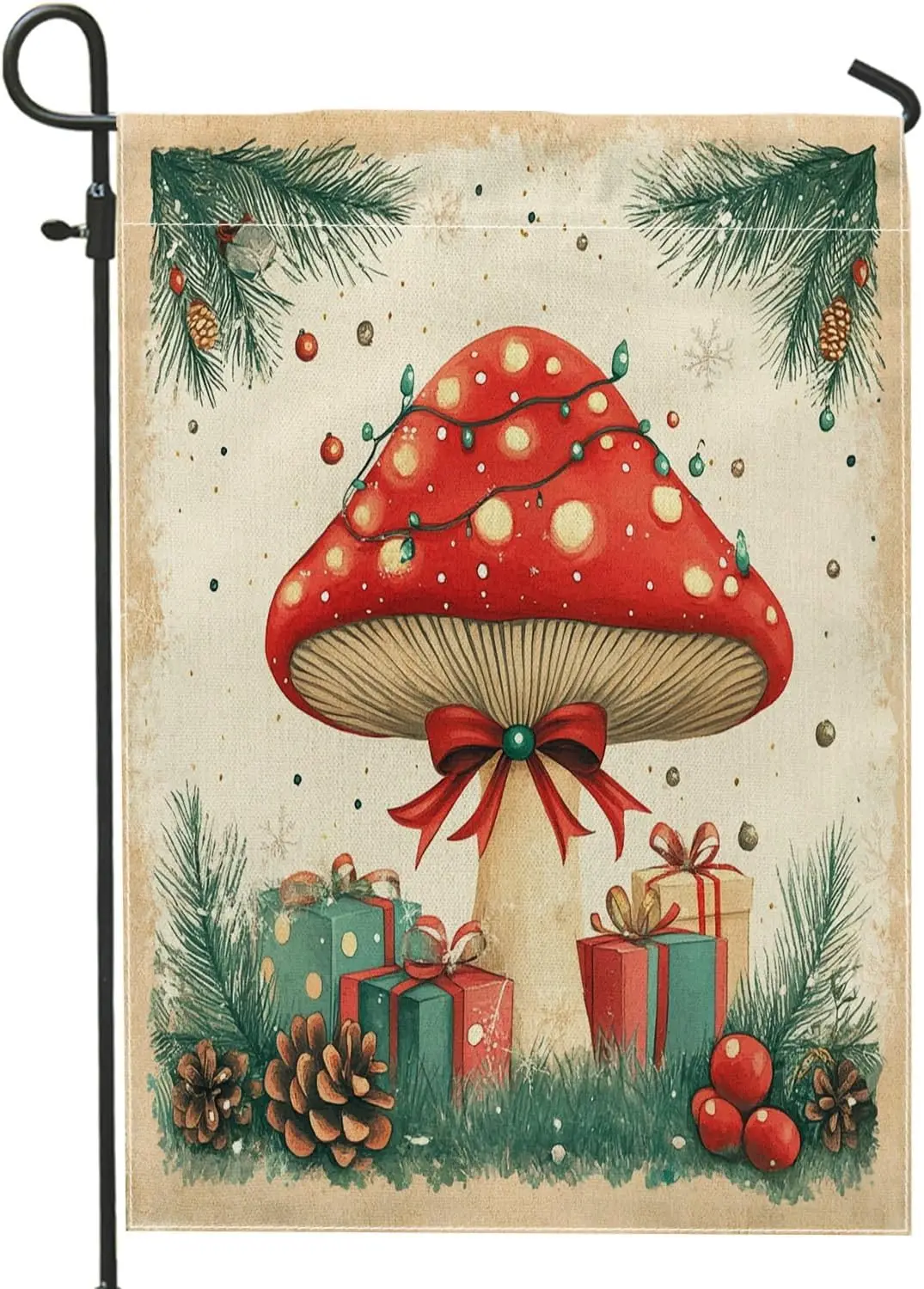 Vintage Christmas Mushroom Garden Flags 12x18 Inch for Outside, Aesthetic Retro Xmas Standard Vertical Linen Flags for House uui