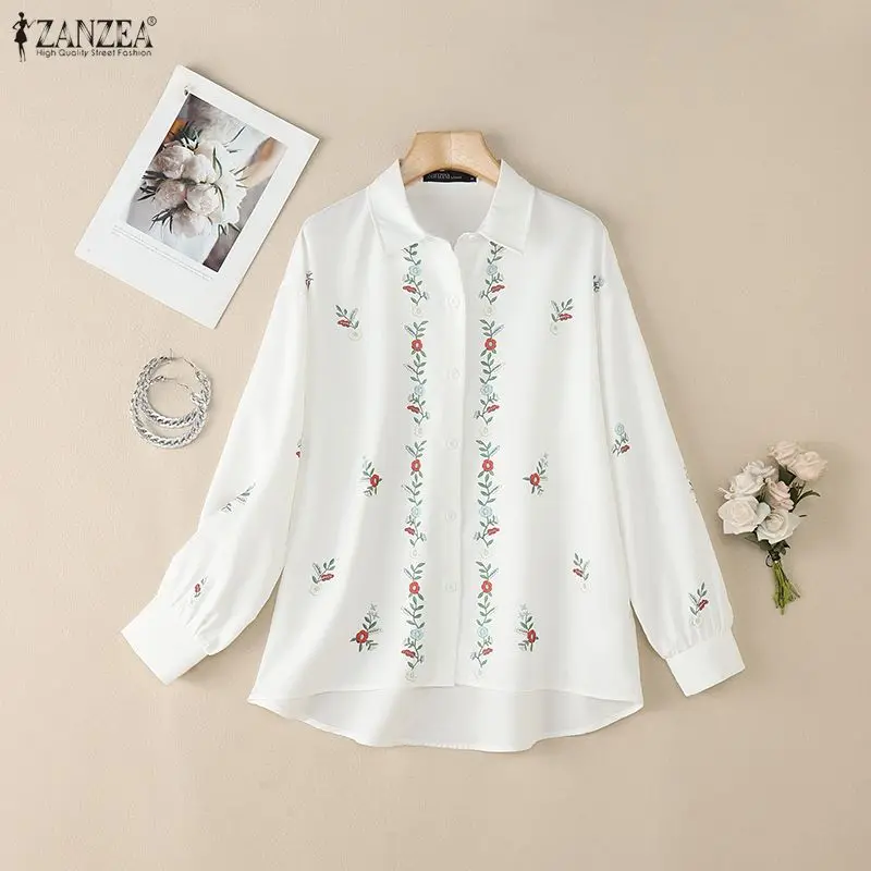 Herfst Dames Casual Bloemenprint Witte Shirts Lange Mouw Hoog-Laag Button Up Turkse Boheemse Losse Tops ZANZEA Vrouw Kleding