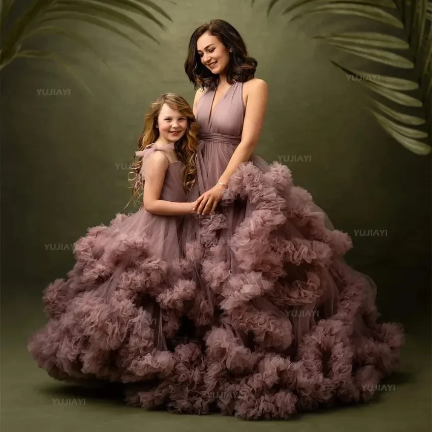 Vestido a juego con volantes escalonados de tul hinchado para madre e hija, vestidos para fiesta o sesión de fotos, vestido de baile de aspecto familiar