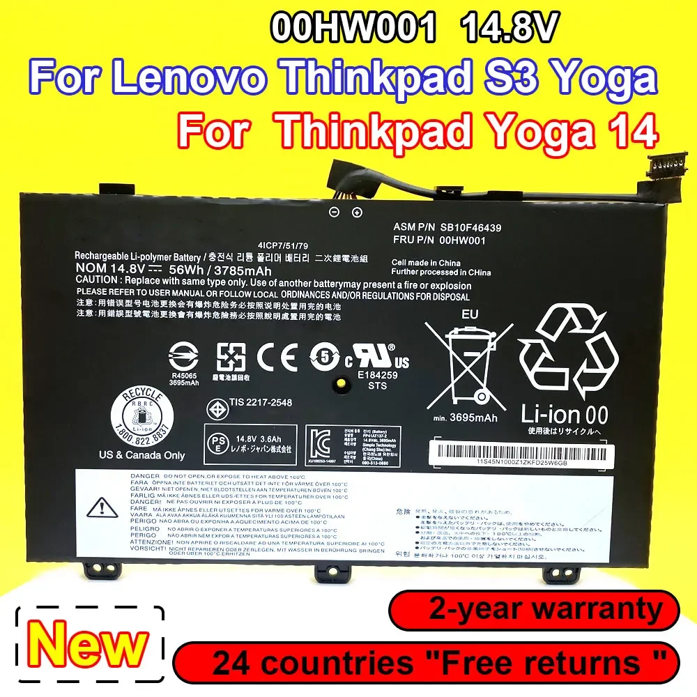 

New 00HW001 00HW000 Laptop Battery For Lenovo Thinkpad S3 Yoga 14 SB10F46438 SB10F46439 Series Replaceable 14.8V 56Wh 3785mAh