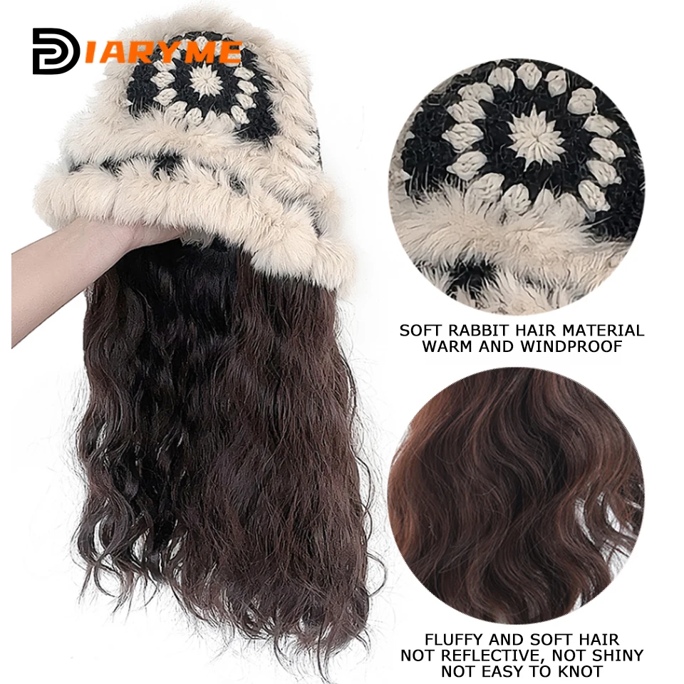 Synthetic Knitted Hat Wig Beanies Hat With Hair Wigs For WomenLong Wavy Hair Warm Soft Ski Knitted Autumn Winter Cap Wig Female