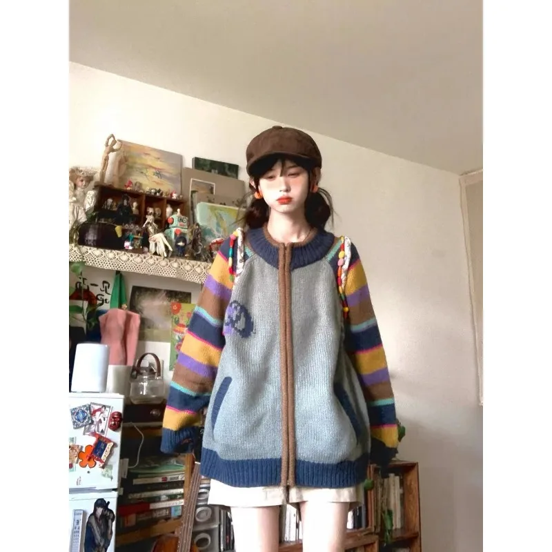 

American Retro Contrast Color Striped Sweater Women Lazy Autumn Winter New Style Knitted Cardigan Design Zipper Loose Jacket