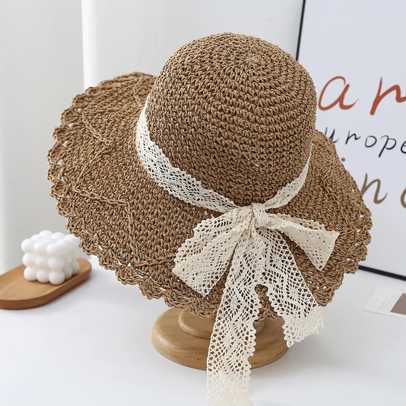 New Summer Beach Hat For Women Popular Wide Brim Straw Bucket Hat With Lace Butterfly Female Outdoor Sunscreen Cap Party Gift