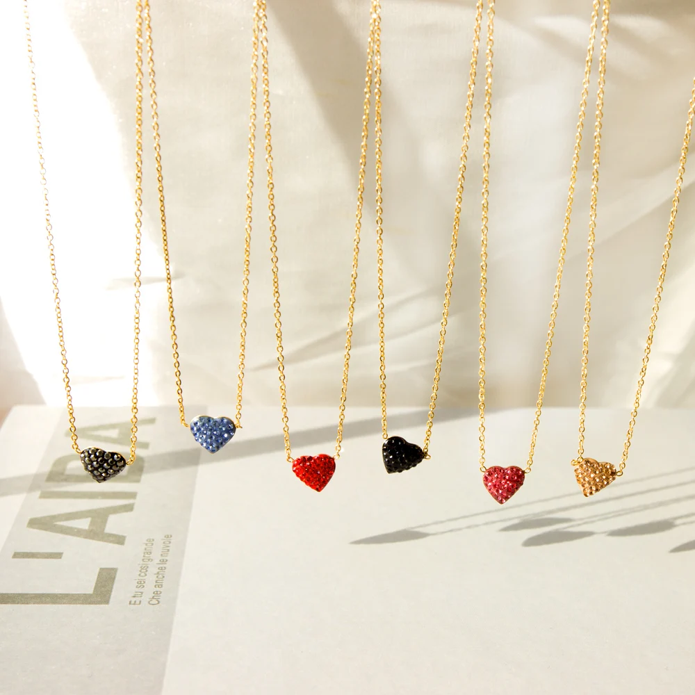 LUXUKISSKIDS Rhinestone Heart Pendant Necklace Woman/Girls Clavicle Choker Tiny Red Pink Black Simple Love Jewelry Romantic Gift