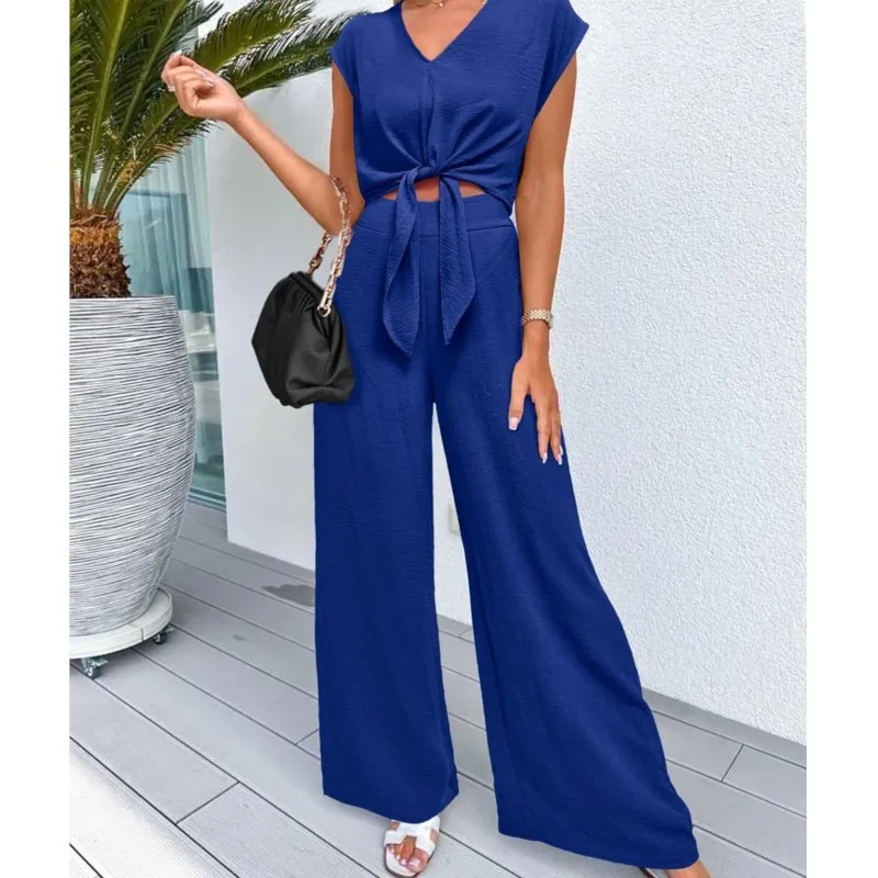 

2025 New Solid Casual Set Summer V-neck Lace-up T-shirt & High Waist Loose Trousers 2 Piece Sets Women's Outfits Vacation Suits