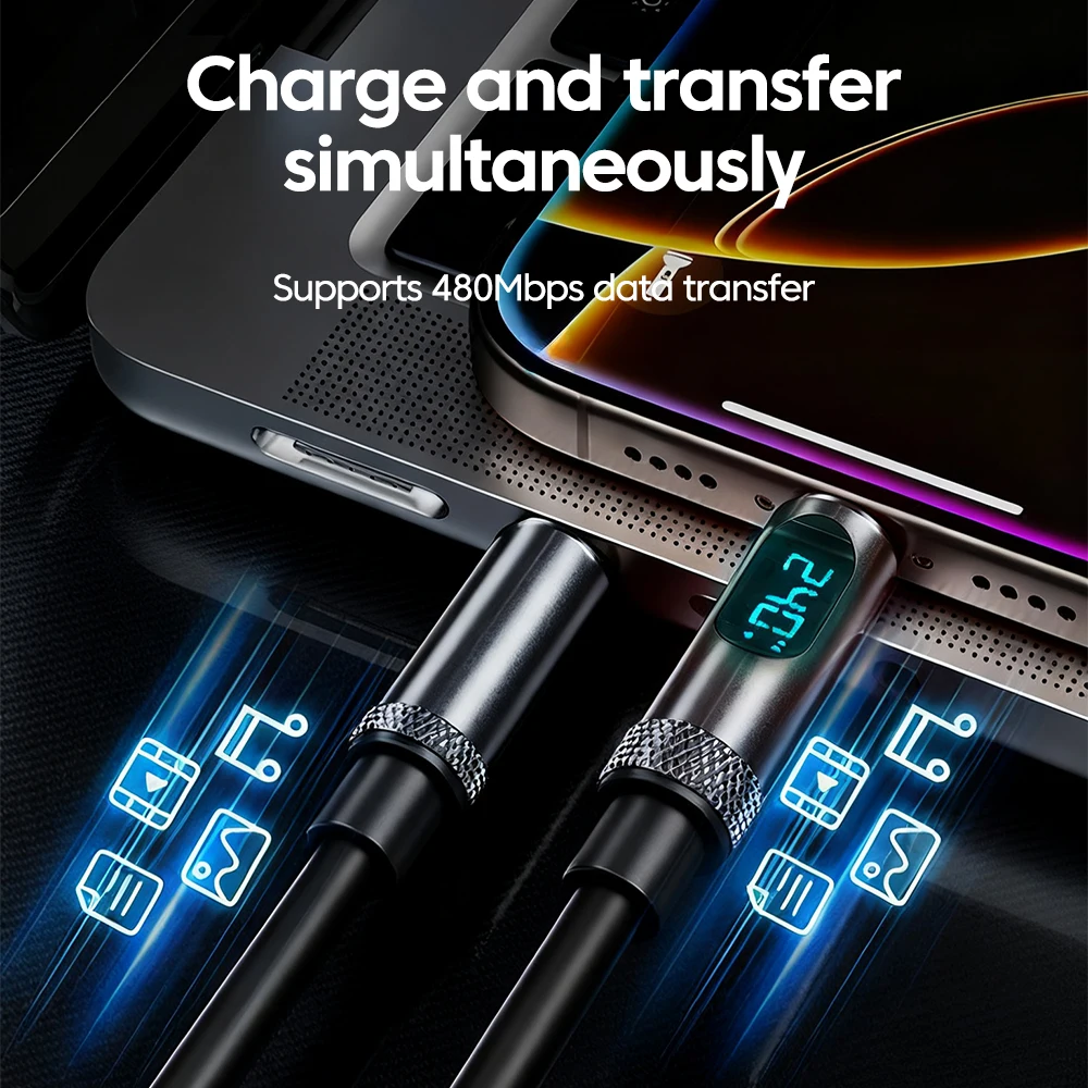 Elough 240W سيليكون شاشة ديجيتال مزدوجة TYPE-C كابل شحن سريع آيفون 15 16 سامسونج اللوحية أجهزة الكمبيوتر المحمولة الخ