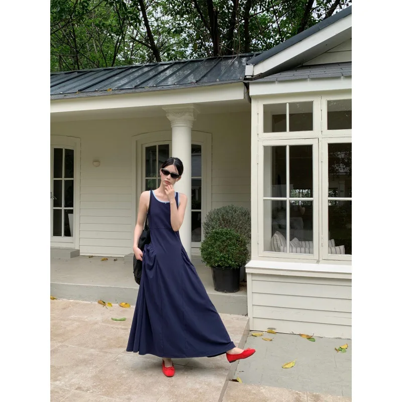 Comfortable and Relaxed I-shaped Vest Dress for Women, Summer 26, Color Blocking Slim Fit Camisole Long Skirt, Big Swing Skirt