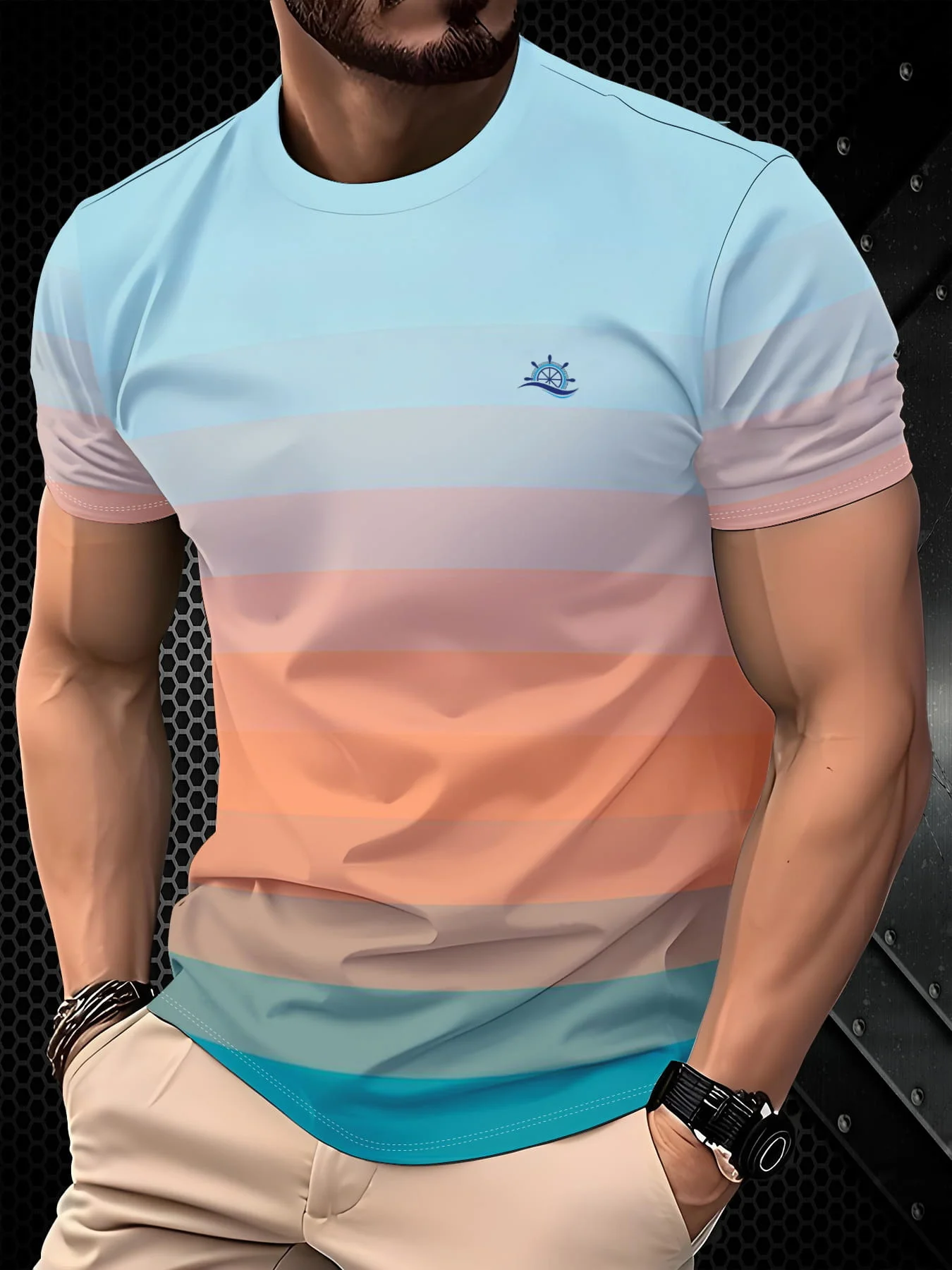 New men's short-sleeve T-shirt, loose-fitting and tailored with printed designs, versatile basic crew-neck top suitable for spri