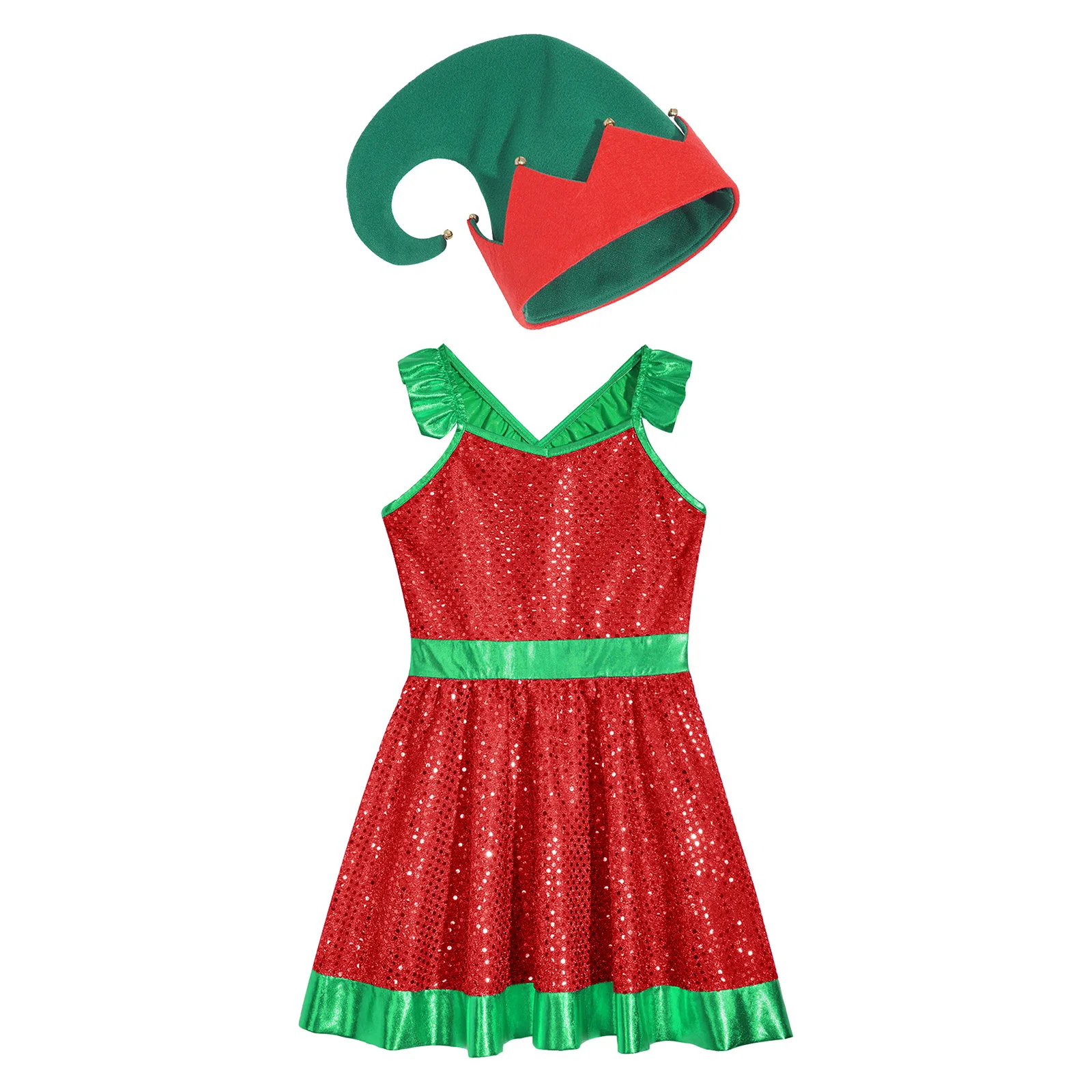 Bambini ragazze natale paillettes babbo natale Costume senza maniche Color Block Patchwork Tutu Dress Ballet Dancewear con cappello di babbo natale