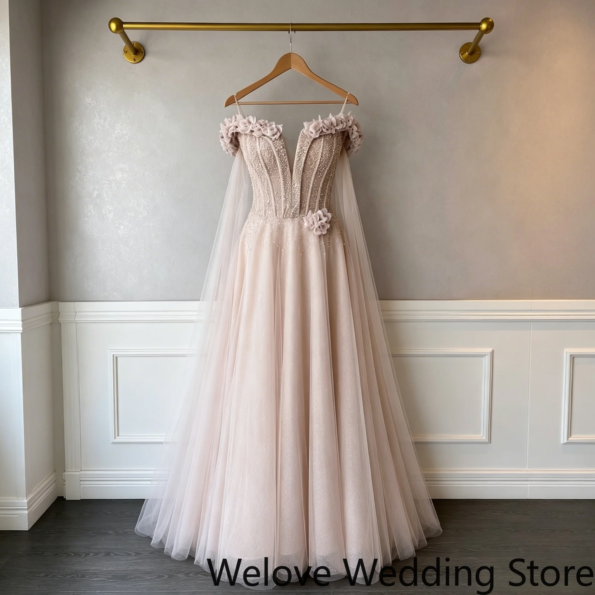 

Customized Romantic Evening Gown Featuring An Off-The-Shoulder Neckline With 3D Floral Appliques, Structured Corset Bodice