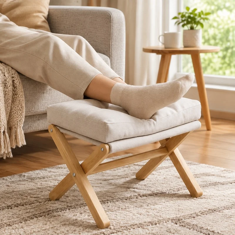 Solid Wood Folding Footrest Stool with Plush Cotton Padding for Living Room and Entryway Use