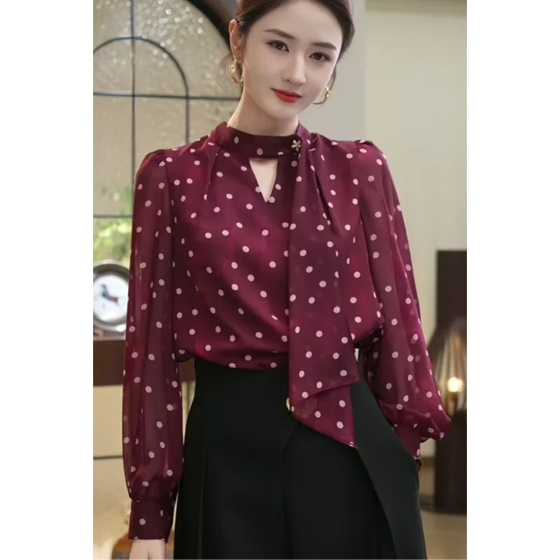 

Autumn 2025 New Style Chic Beautiful High-end Light Luxury Long-sleeved Polka Dot Burgundy Ribbon Shirt
