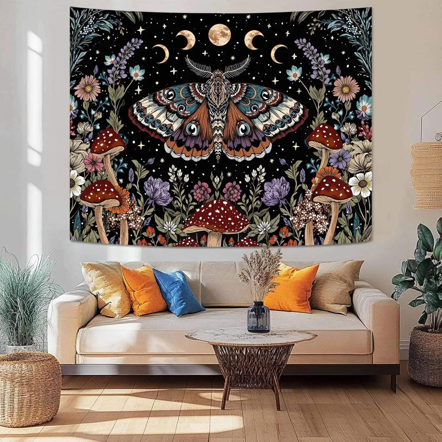 Hippie Moth Tapestry Wall Hanging, Cute Plants Butterfly Floral Botanical Nature Aesthetic Wall Tapestries for Living Room Dorm