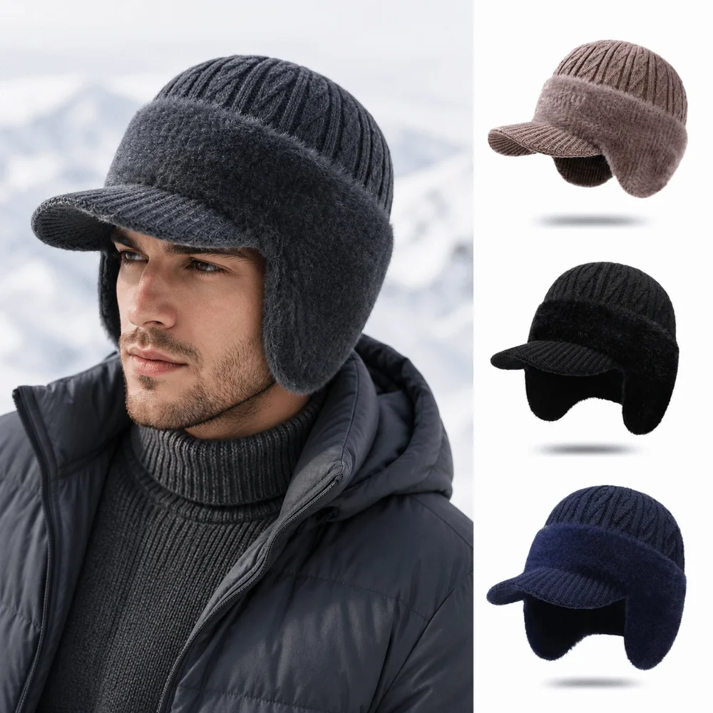 Soft Lined Warm Winter Hat Thicken Brim Style Ski Sports Hat Coldproof Knitted Earflap Beanie Cap for Women Men