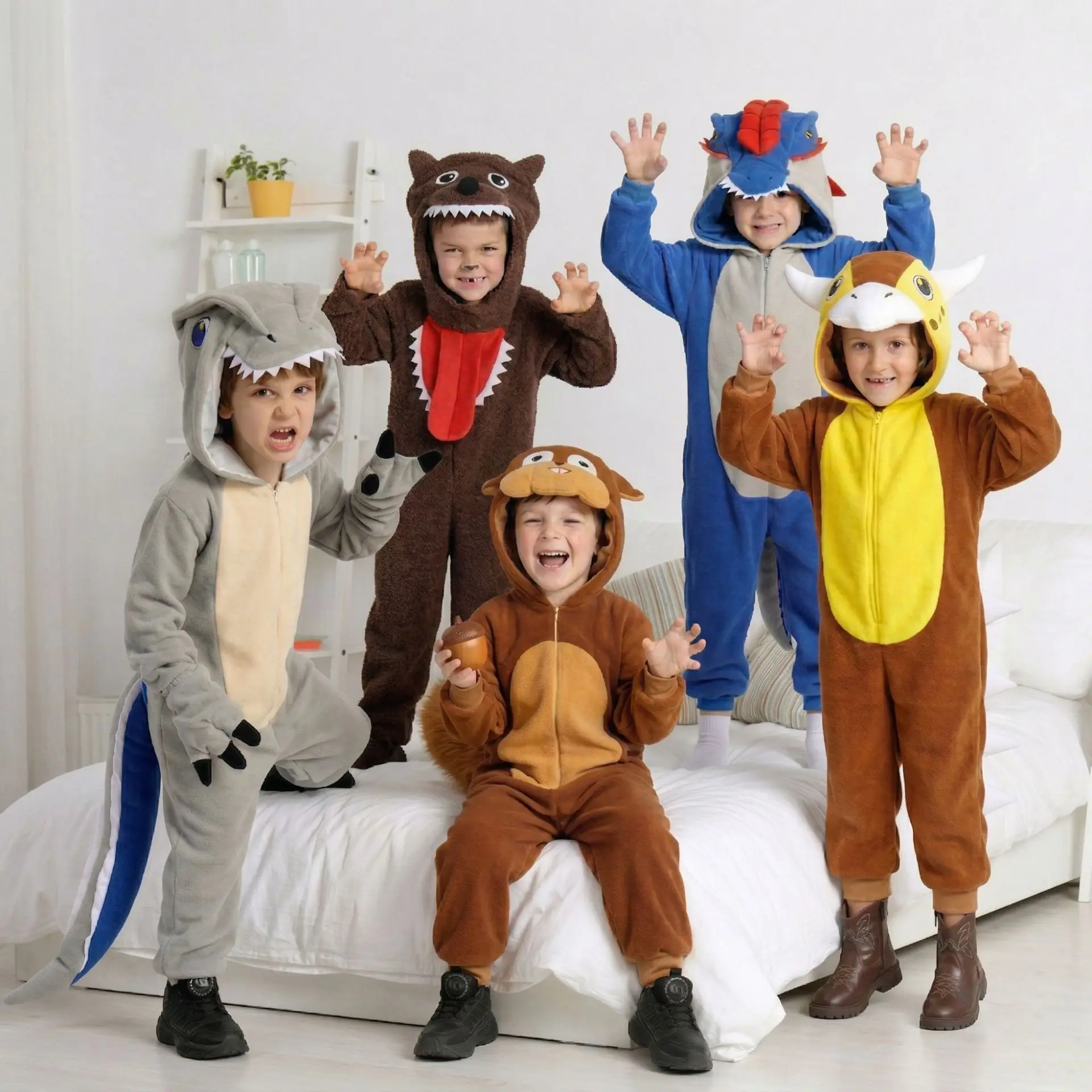 Kawaii Enfant Winter Animal Cartoon Pajamas Niño Cosplay Lion Dinosaur Halloween Party Costumes Hooded Plush Jumpsuit Sleepwear