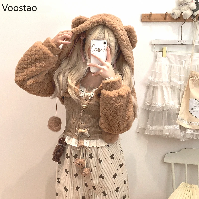 Vintage Bear Bunny Ears Hooded Coats Women Sweet Y2k Cute Plush Ball Warm Cardigan Short Jackets Female Korean Chic Outwear Tops