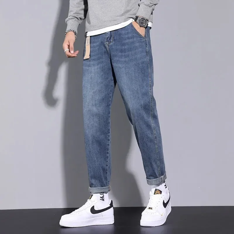 ジーンズ男性ハーレムパンツストレッチミッドウエストユーズド加工ウォッシュポケットストリートストレート足首丈ズボン基本デニム 2025