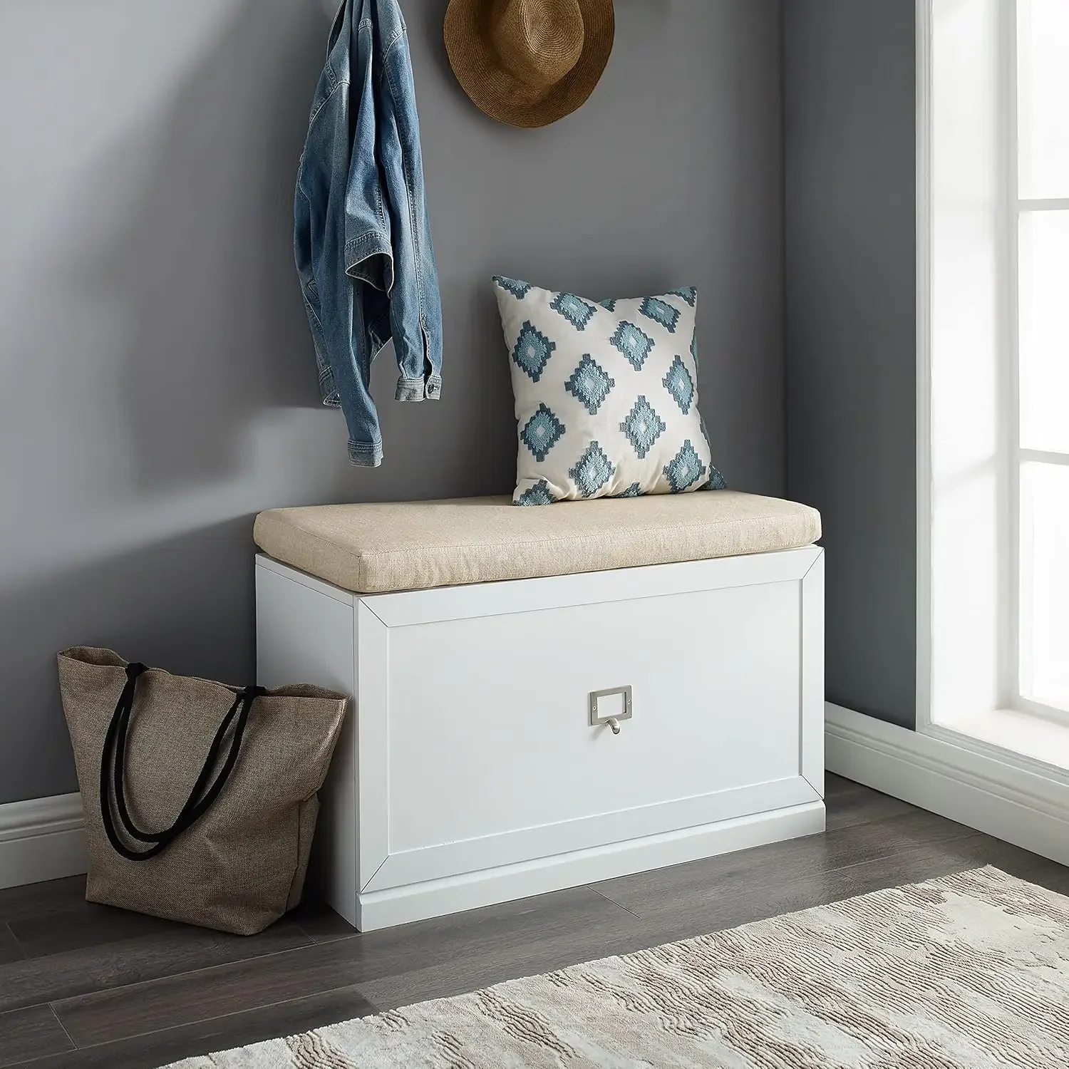 Crosley Furniture Harper Entryway Storage Bench, White/Tan