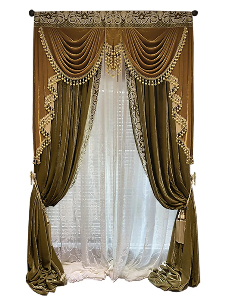 Custom upscale European vintage velvet living room bedroom high window coffee cloth blackout curtain tulle valance drape C1717