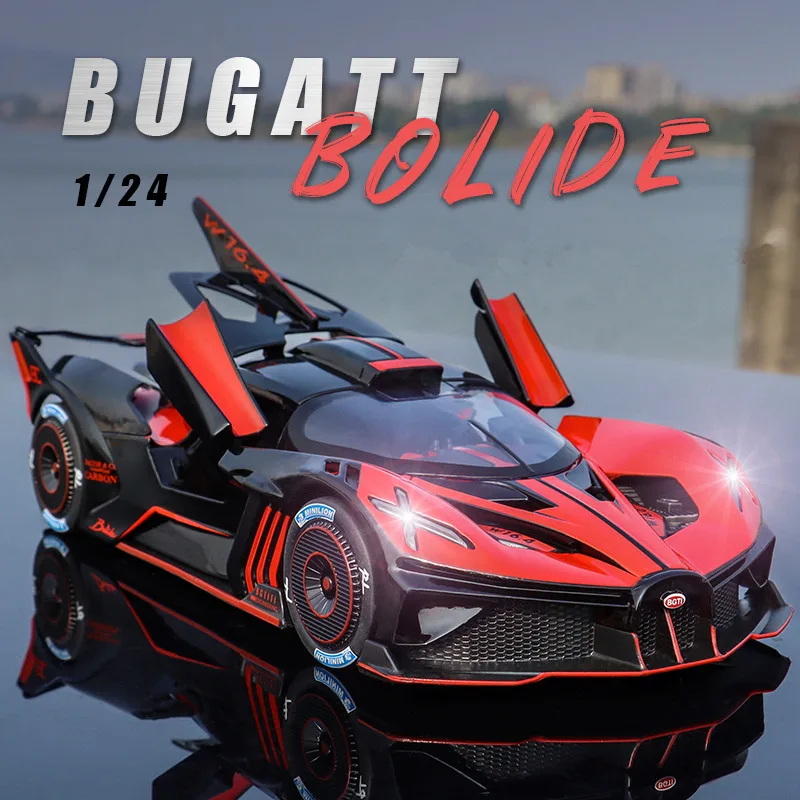 1:24 Alloy Bugatti Bolide Sports Car Model Diecast Metal Concept Car Pull Back Simulation Sound Light Kids Gift Collection Toy