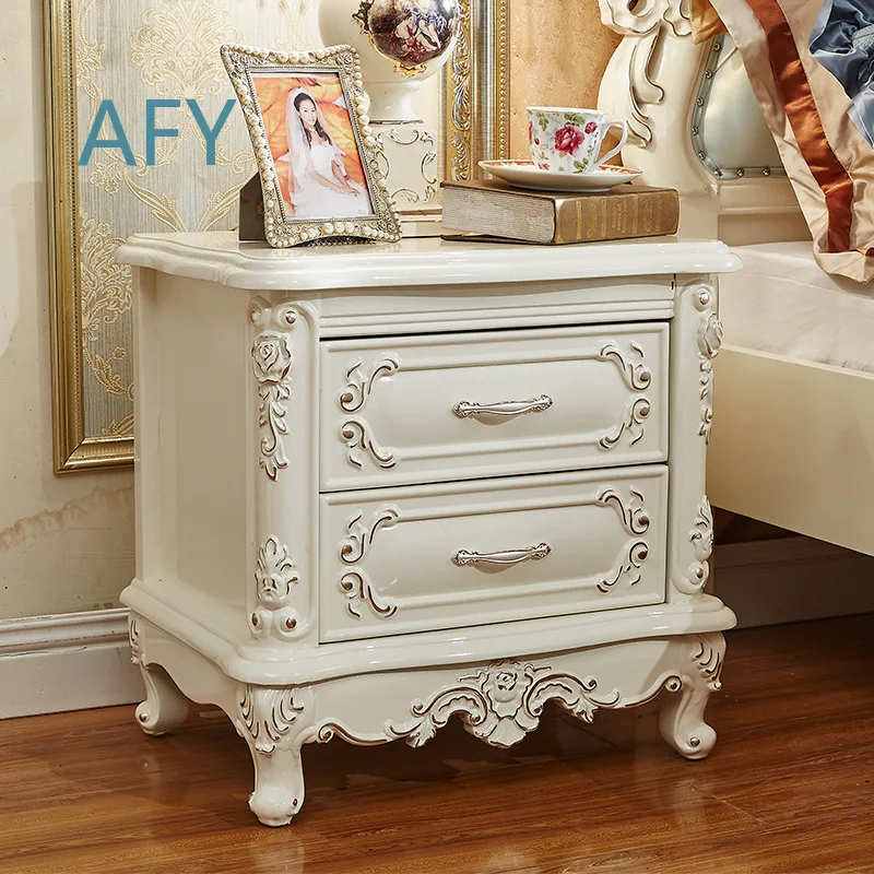 Wooden Nightstand for European Style Bedroom Furniture Storage Cabinet White Silver-Outline Bedside Table for Home Decor