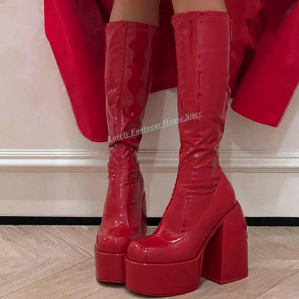 High Quality Woman Genuine Leather Square High Heel Boots Platform Slip On Black White Red Female Round Toe Long Boots Shoes