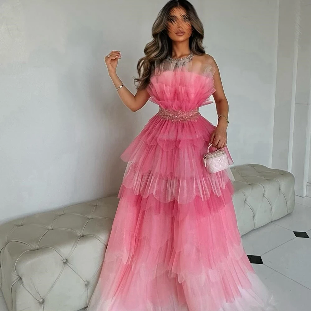 Saudi Arabia Long Beaded Evening Gowns Tiered Sweep Train Tulle Sleeveless Scalloped Contrast Color Dresses For Formal Occasions