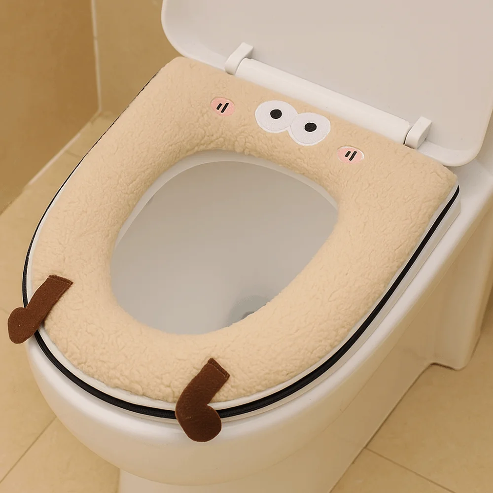 

Cute Cartoon Toilet Seat Cushion Soft Thick Toilet Pad Zipper Design Warm Washable Toilet Cushion Household Use