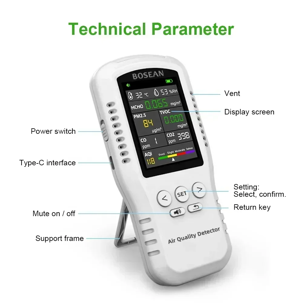 

T-Z01 Pro Детектор качества воздуха 8 в 1, TVOC HCHO PM2,5 CO2 AQI, портативный газоанализатор, настольный монитор качества воздуха