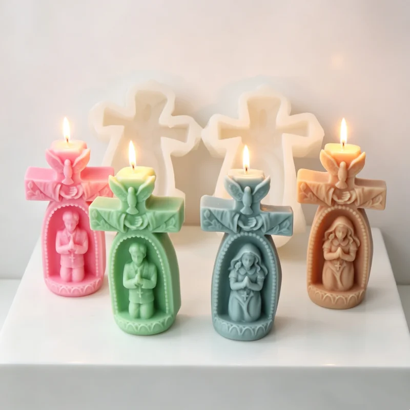 Cross Silicone Candle Mold 3D Religious Praying Boy Girl Holy Dove Mould DIY Soap Resin Baptism First Communion Gift Home Decor