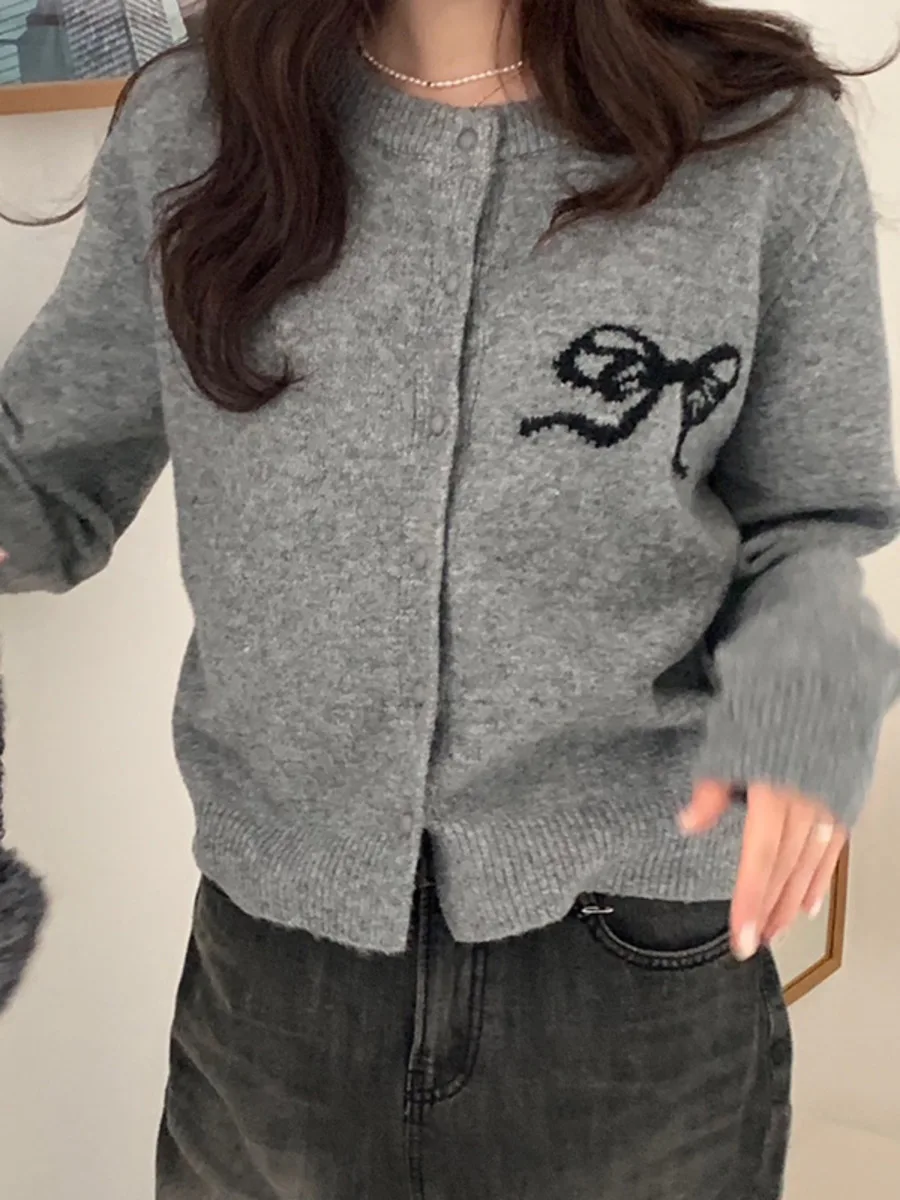 Korea Chic Autumn Bow Embroidery Knitted Cardigans 2024 Winter New Fashion Single Breasted O-neck Sweater Knitwear Coat