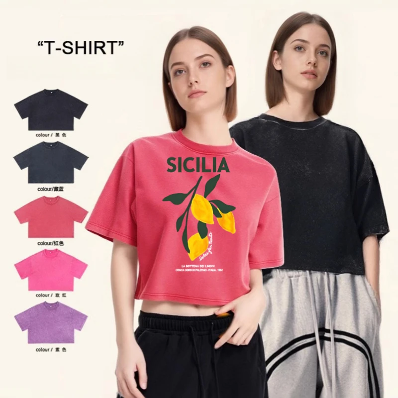 Amalfi Coast Italia Lemon Fruit Design Print Sommer Baumwolle Rundhals T-Shirt Gewaschen Lose O Hals Kurzarm Damen Top