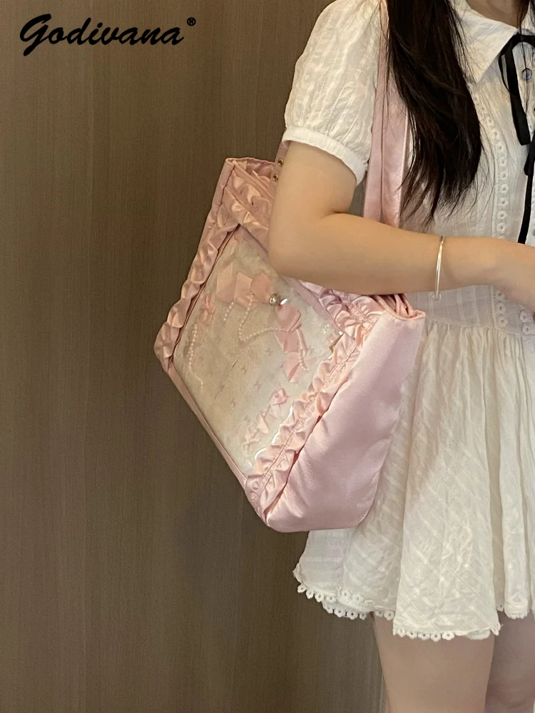 Original Lace Satin Large Capacity Shoulder Bag Y2k Girl Students Sweet Portable Totes Handbags Japanese Ita Bag Pain Bags