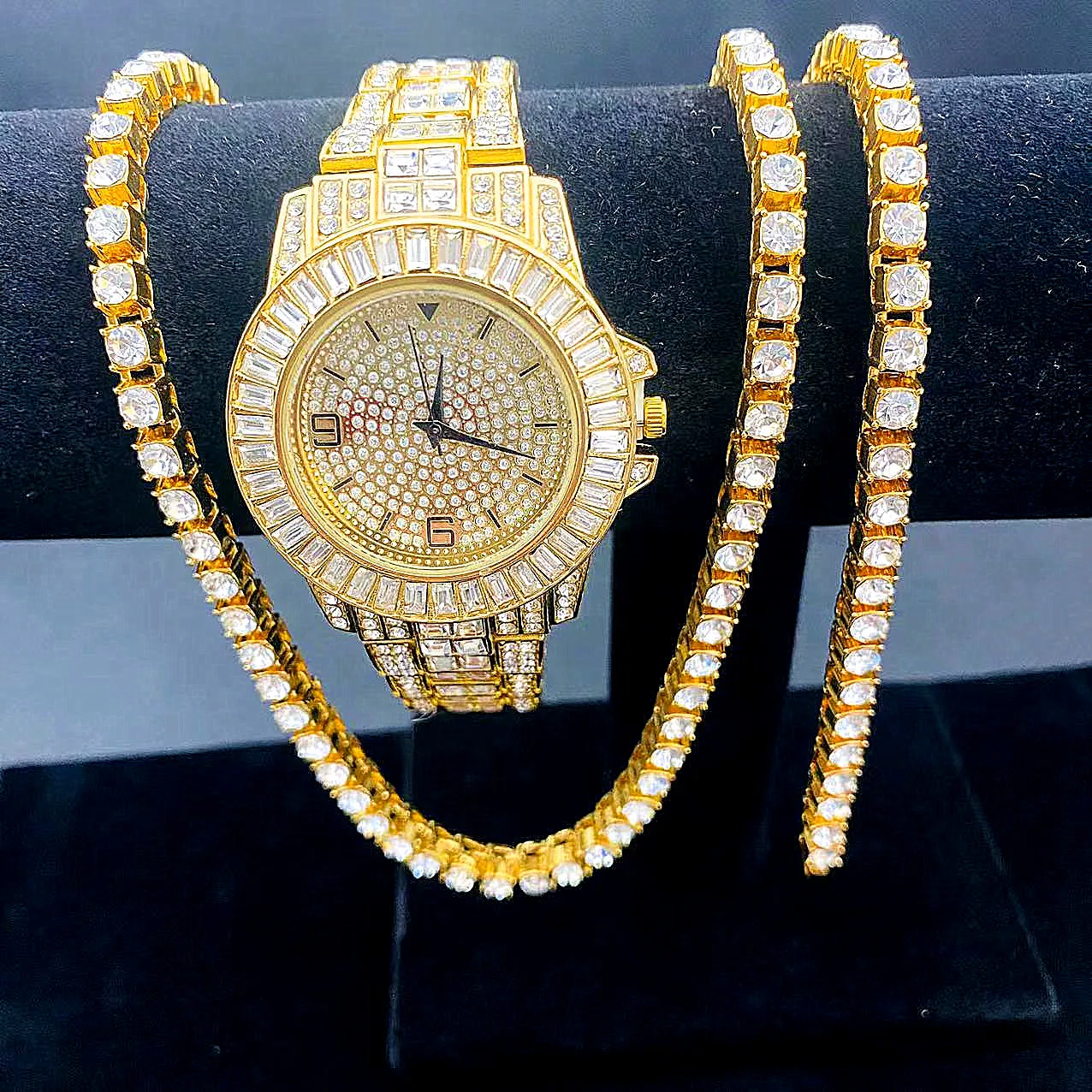 3PCS Luxury Iced Out Watches Men Women Tennis Chain Bracelet Necklace Bling Bling Jewelry Set Diamond Men's Watch Women Calendar