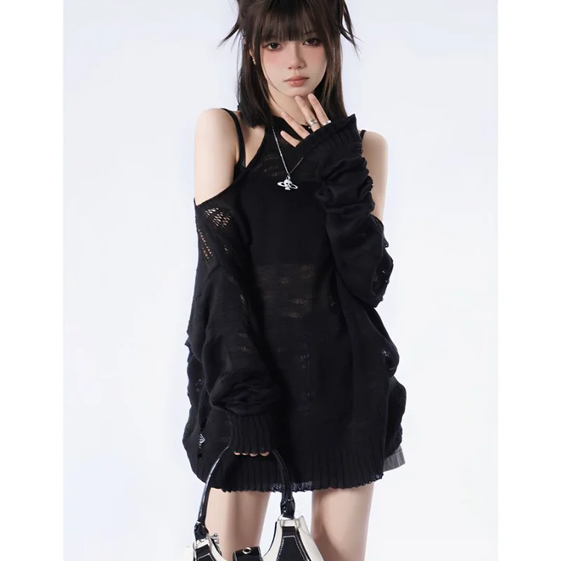 Autumn New Fashion Ripped Pullovers Women Korean Baggy Chic Simple Knitted Sexy Smock Ulzzang Streetwear Vintage Sweaters