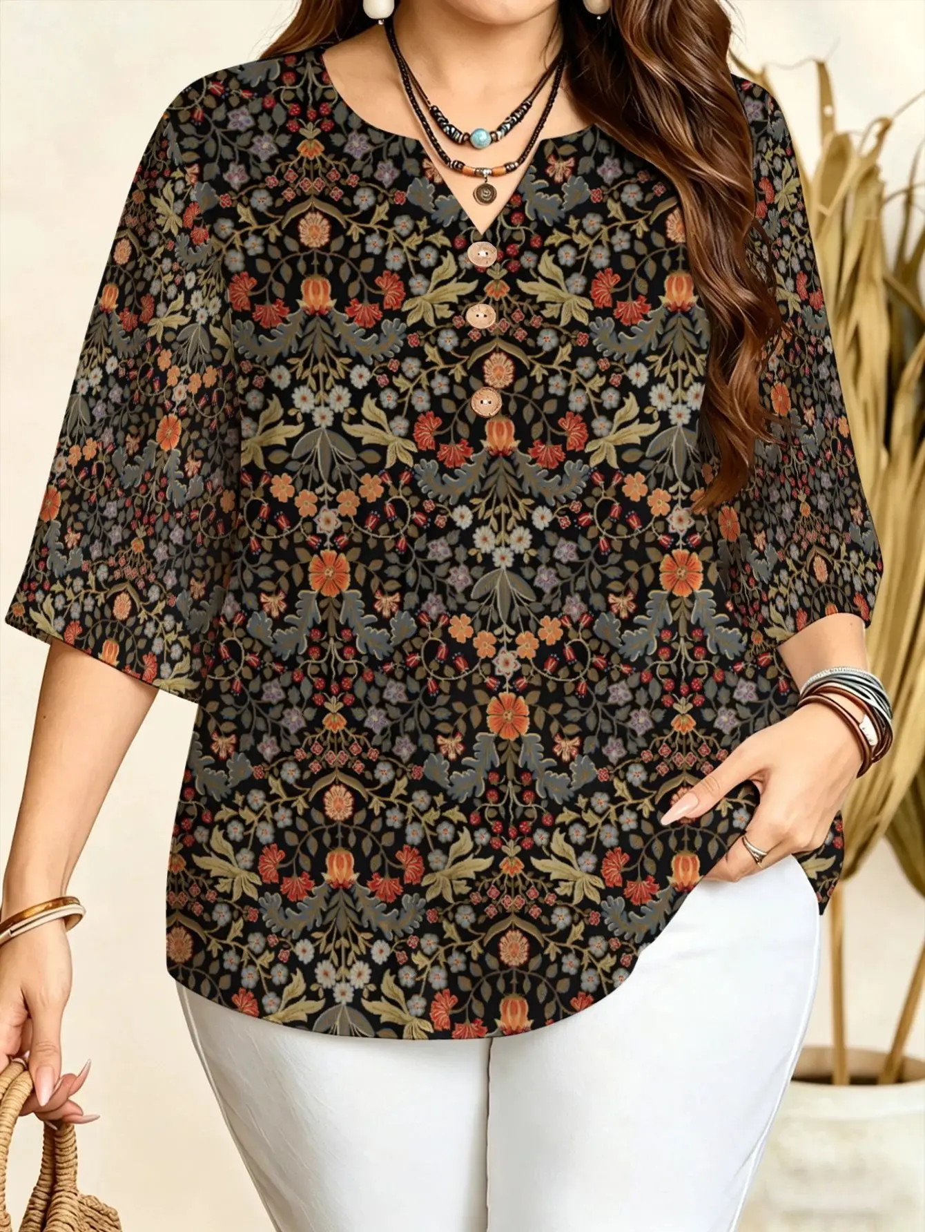 Notch Split V Neck Printed Blouses Floral Stripe Butterfly Ink Flower Ethnic Paisley  Watercolor Loose 3/4 Sleeve Casual Tops