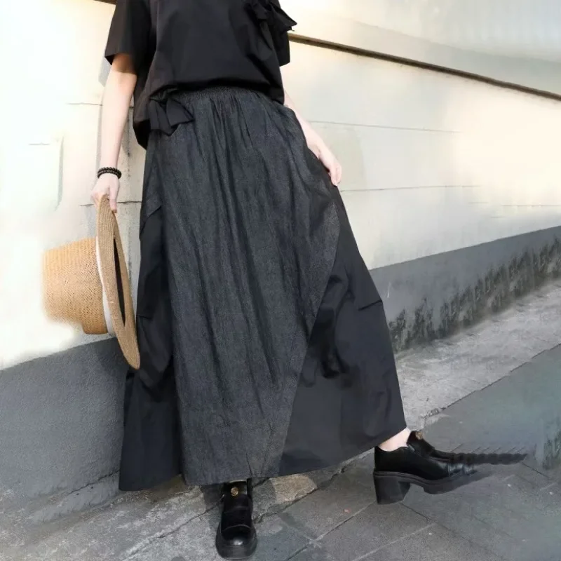 Women's New Summer Denim Knee-length Skirt Fashionable and Versatile Spliced Retro Color-blocked Hip-hugging Skirt A-line Skirt