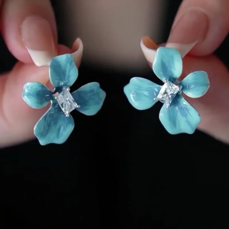 Korean New Fashion Blue Flower Zircon Stud Earrings for Women Unique Exquisite Elegant Personality Party Vacation Jewelry Gift