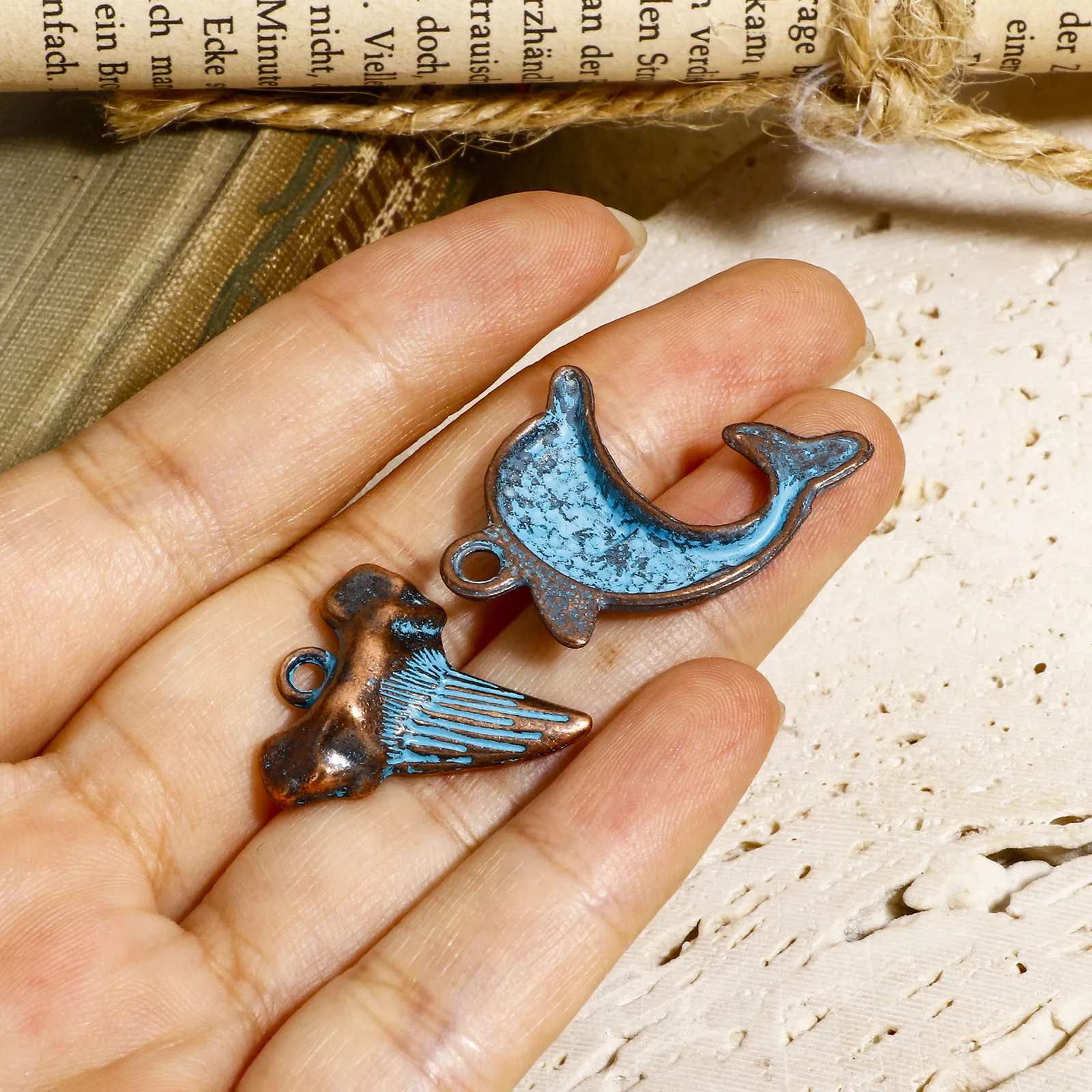 DoreenBeads 20 Piece Antique Bohemian Ocean Charms Antique Copper Blue Patina Dolphin Crab Pendants DIY Necklace Jewelry Making