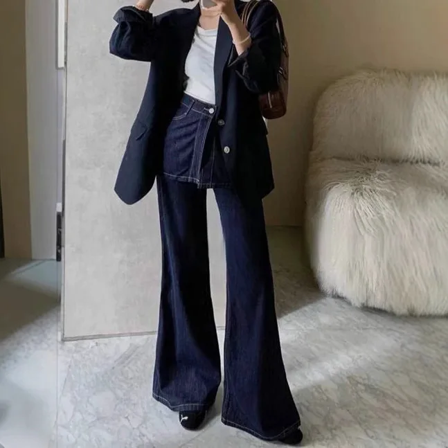 Women's Dark Wash Asymmetrical Wrap Front Wide Leg Denim Jeans, High Waist Flared Skirt Overlay Pants, Y2K Streetwear