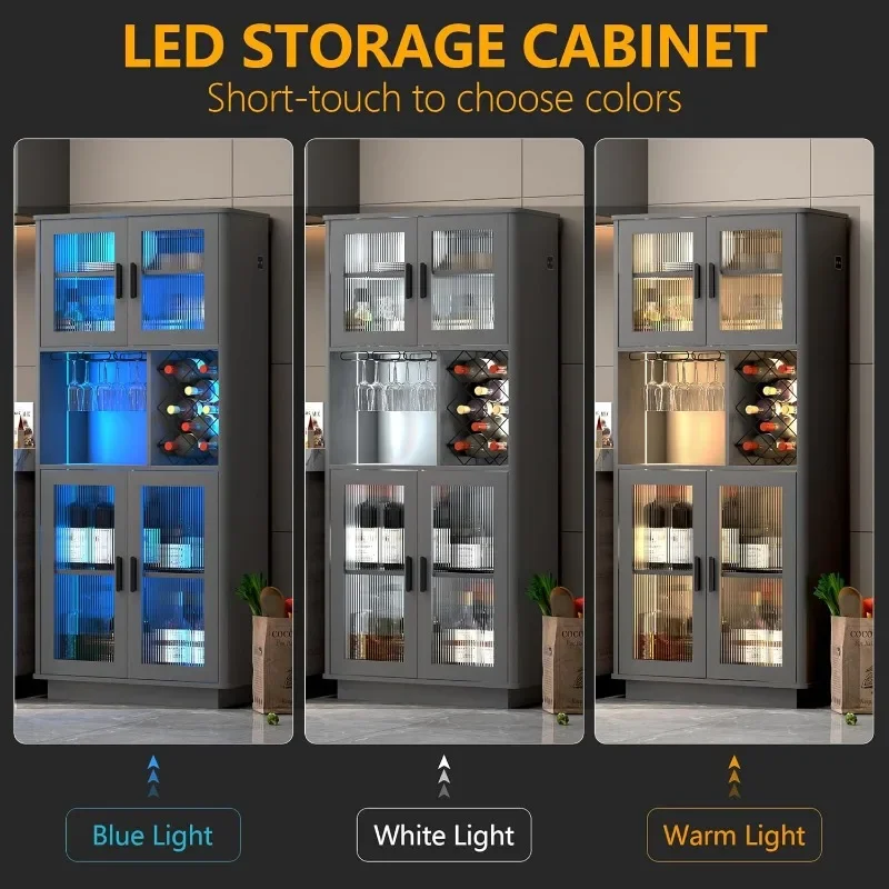 LVSOMT LED Wine Bar Cabinets with Removable Wine Rack, Bar Cabinets for Liquor with Light Motion Sensor, Kitchen Cabinet Storage