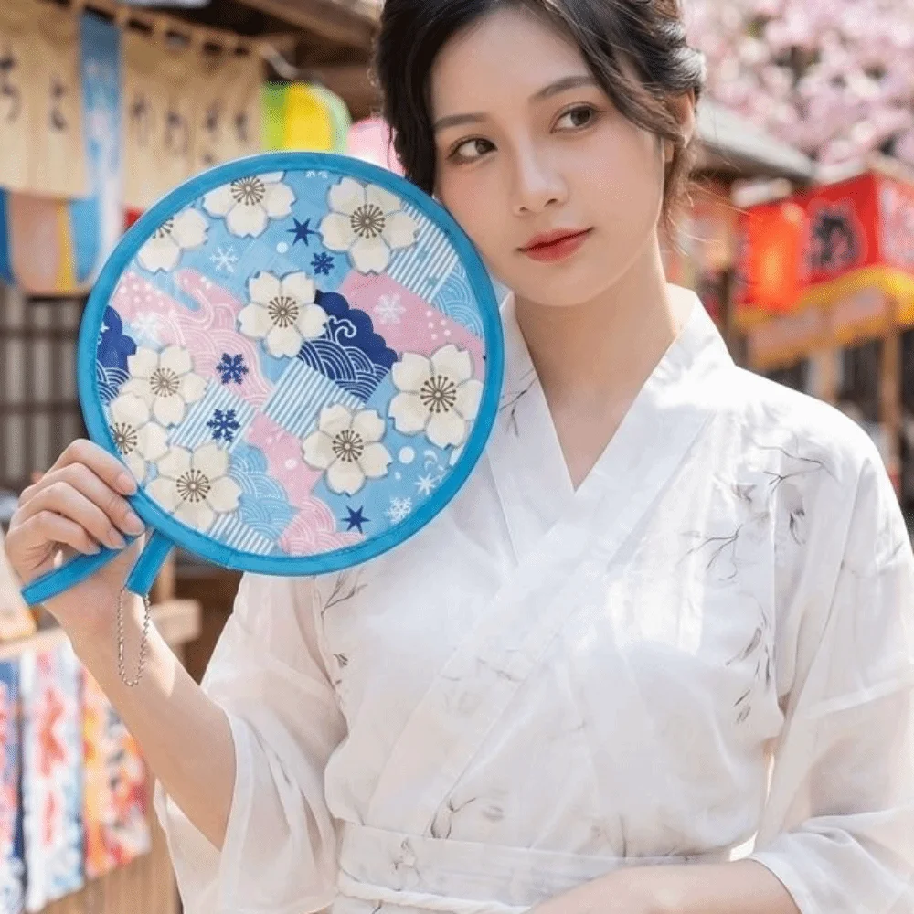 Hand Fan Japanese Style Folding Fan Flower Pattern Round Collapsible Fan With Pocket Flying Disk Fan Beach Use