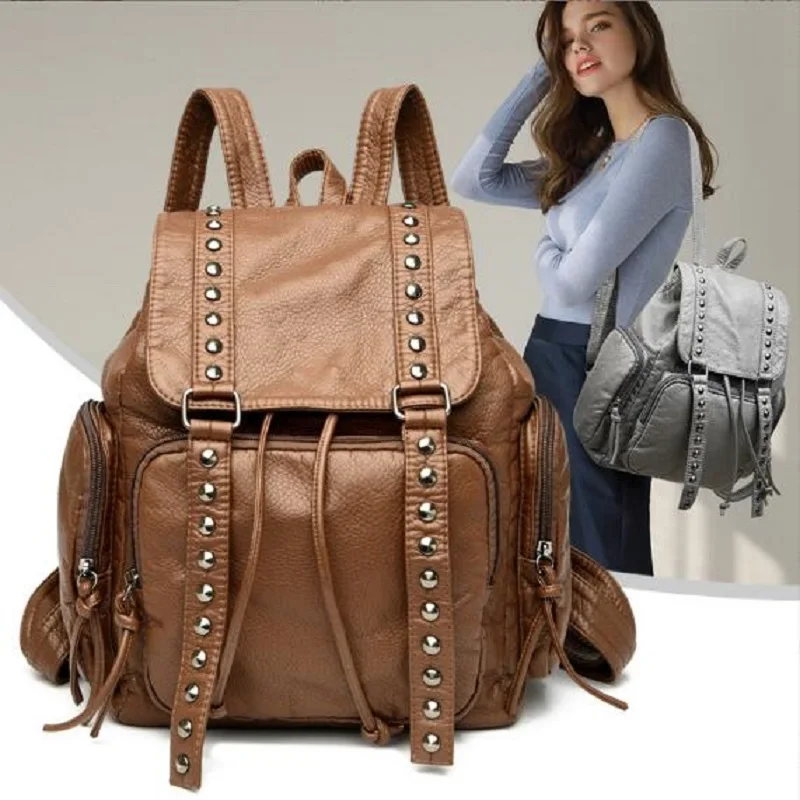 

Women Fashion Trend Rivet Designer Soft Leather Backpack Vintage Casual Large Capacity Travel Shoulder Bags School Bag Totes
