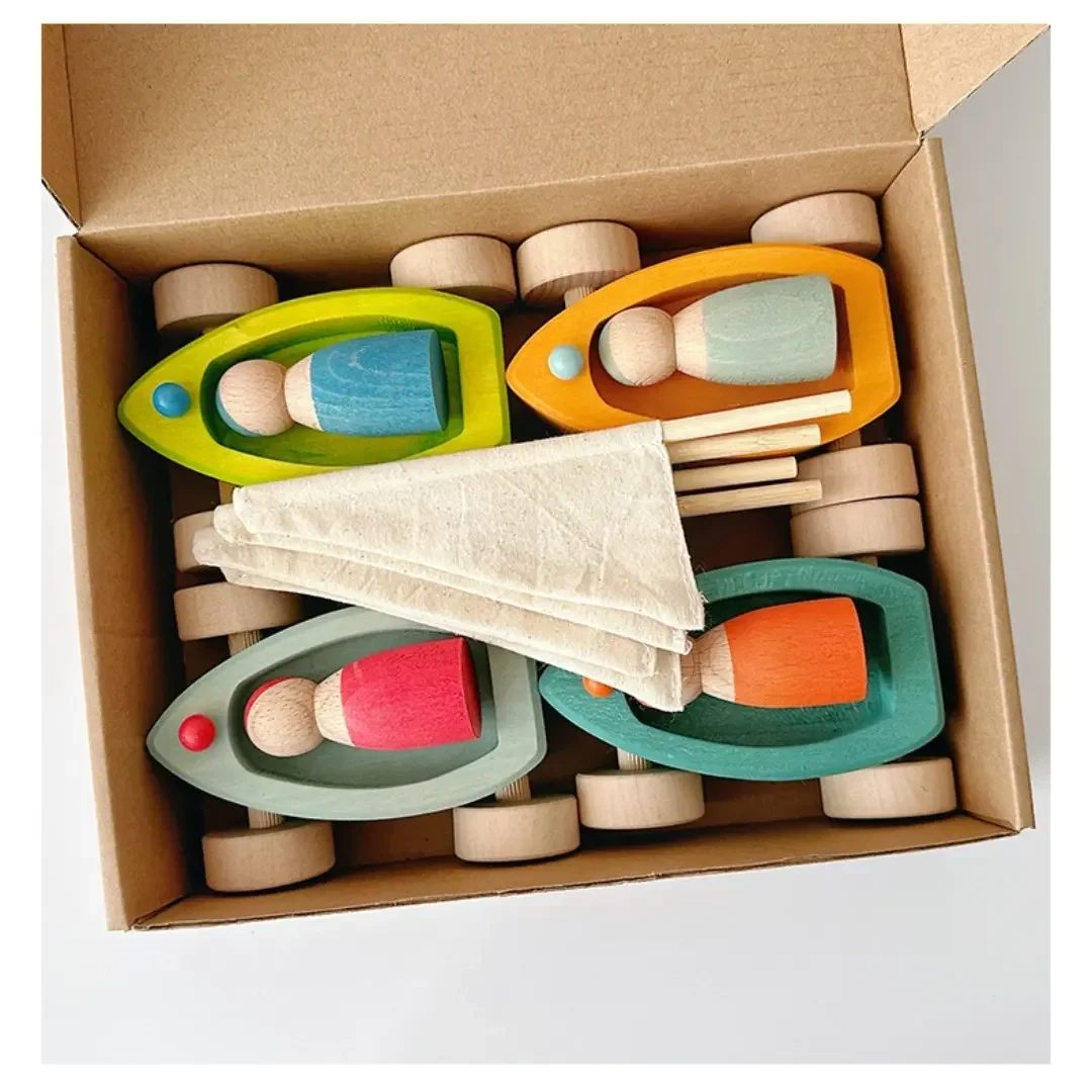 Children's Wooden Rainbow Sailing Ship Peg Model Game Educational Stacking Building Blocks Toys for Kids