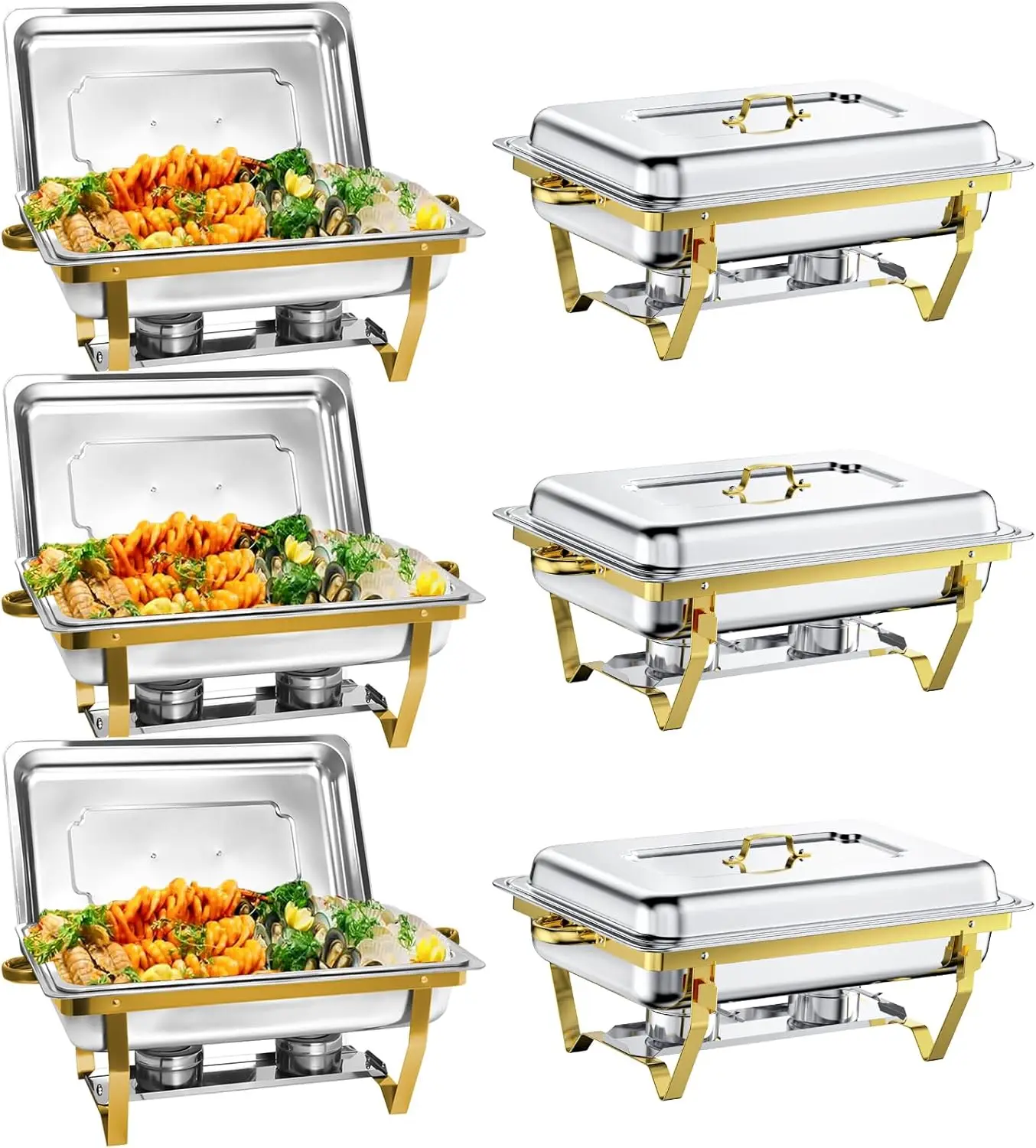 

Chafing Dish Buffet Set 6 Pack 8 QT, Stainless Steel Gold Rectangular Buffet Servers and Warmers,Chafers for Catering, Food