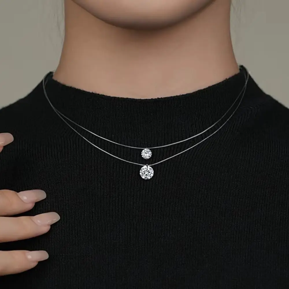 Collar con colgante de circón de plata S925, cadena de hilo de pescar con diamantes de imitación ostentosos invisibles, gargantilla de hilo de pescar solitario transparente de 6mm y 8mm