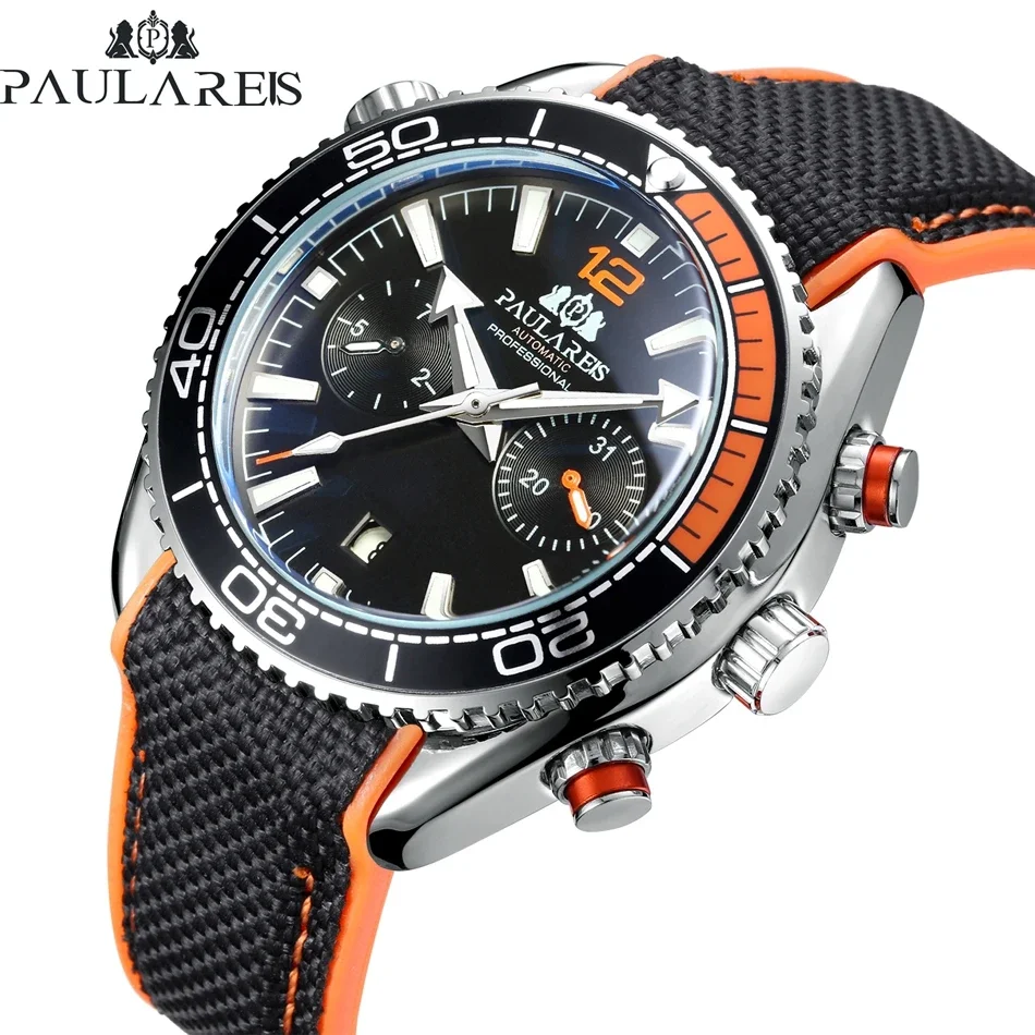 Reloj mecánico automático de cuerda automática para hombre, correa de goma de lona, naranja, azul, rojo, multifunción, fecha y mes