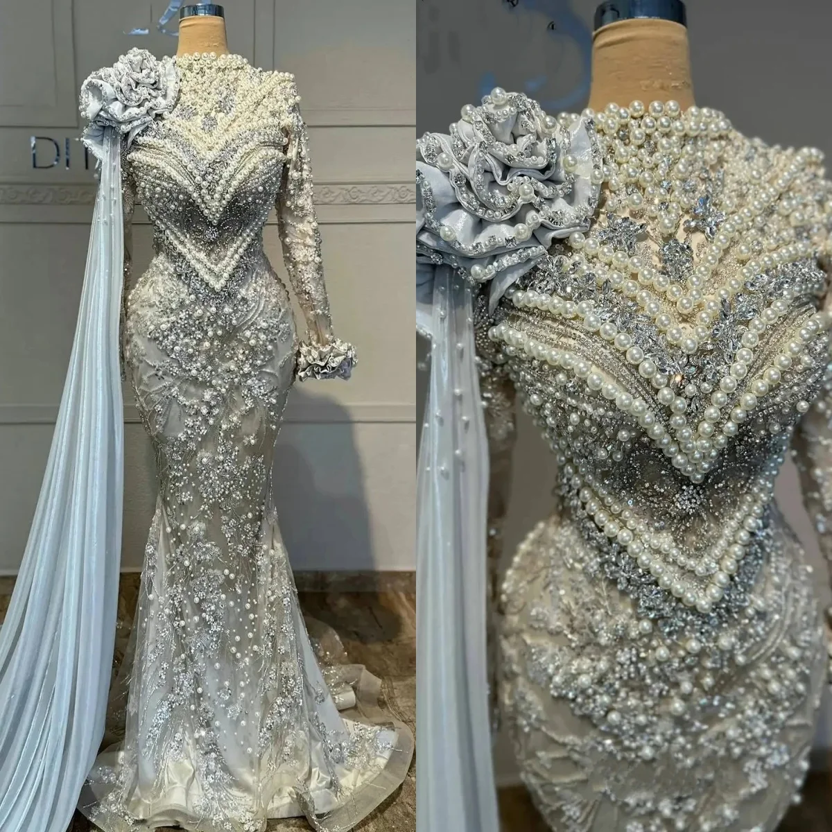 

Muslim Crystals Evening Dresses Long Cape Sleeveless Luxury Floor Length Pearls Prom Gown Customizd Mermaid Party Dress