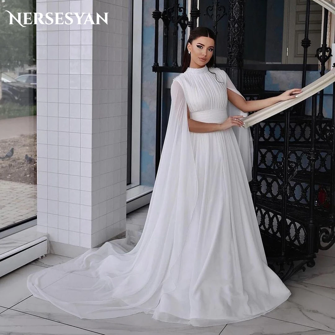 Nersesyan Elegant Solid Glitter Wedding Dresses Cape Sleeves A-Line Pleats Sparkly Beading Bridal Gowns Princess Bride Dress